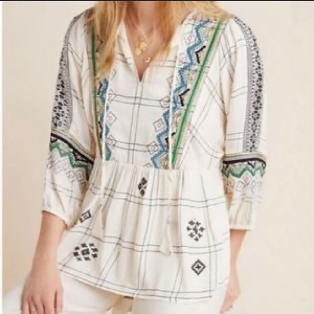 Anthropologie Vineet Bahl Brielle Embroidered Peasant Top Women’s Size Medium